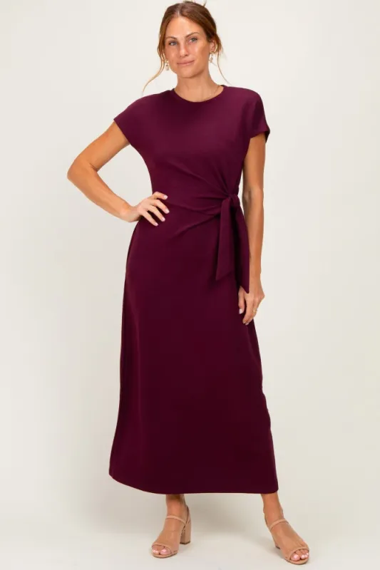 Wine Side Tie Short Sleeve Midi Dress made by entro