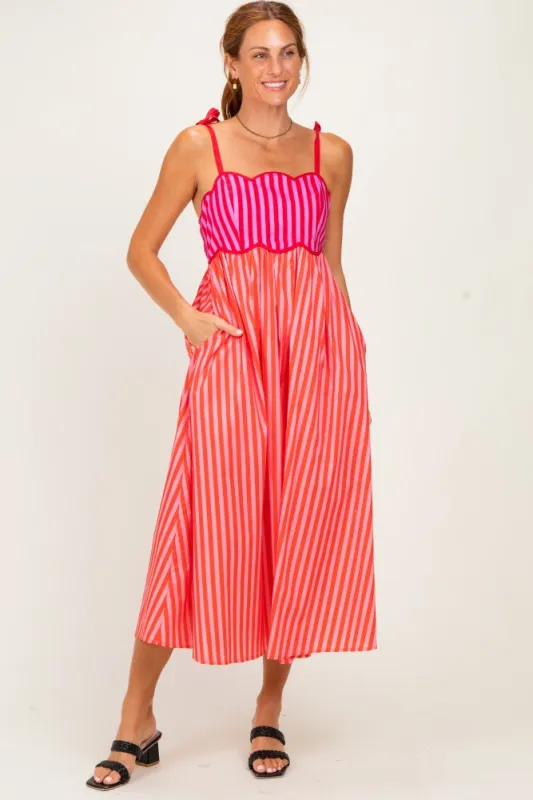 Red Striped Colorblock Scallop Detail Midi Dress made by entro