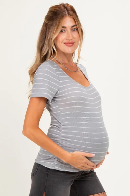 Grey Stripe Ruching Short Sleeve Maternity Top made by Pinkblush