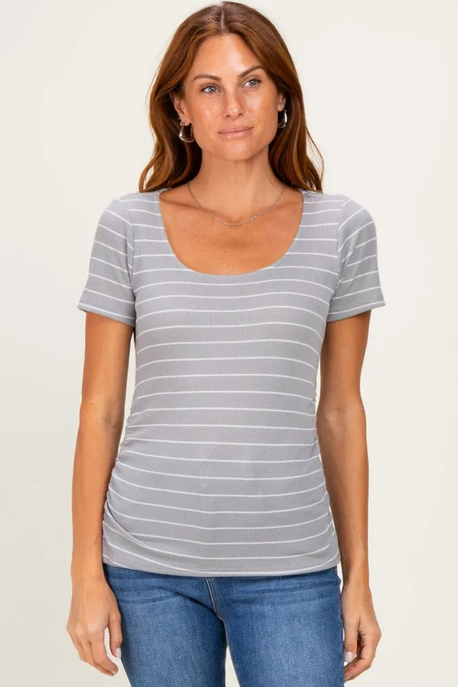 Grey Stripe Ruching Short Sleeve Top sold by Pinkblush