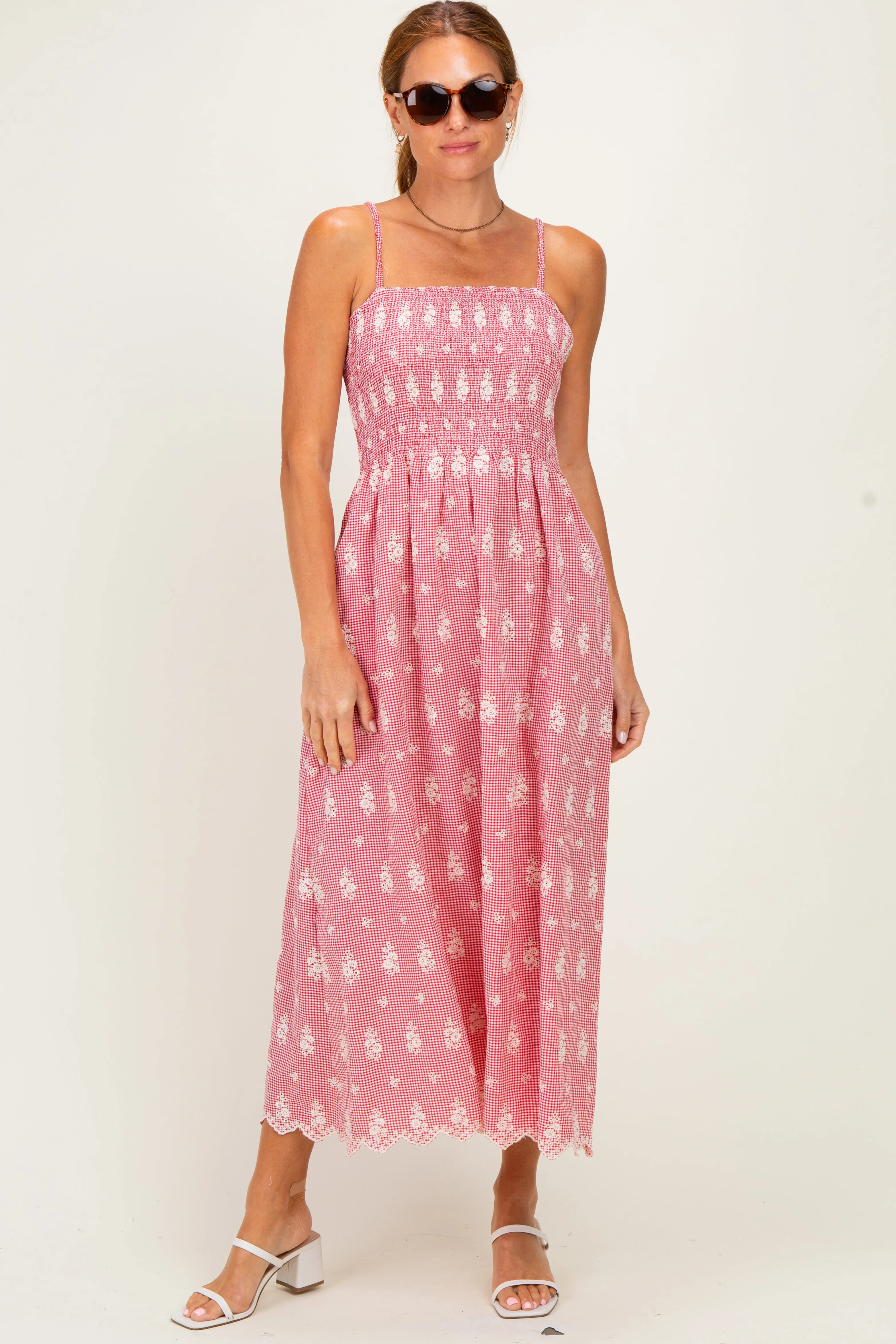 Red Embroidered Smocked Maxi Dress sold by Pinkblush