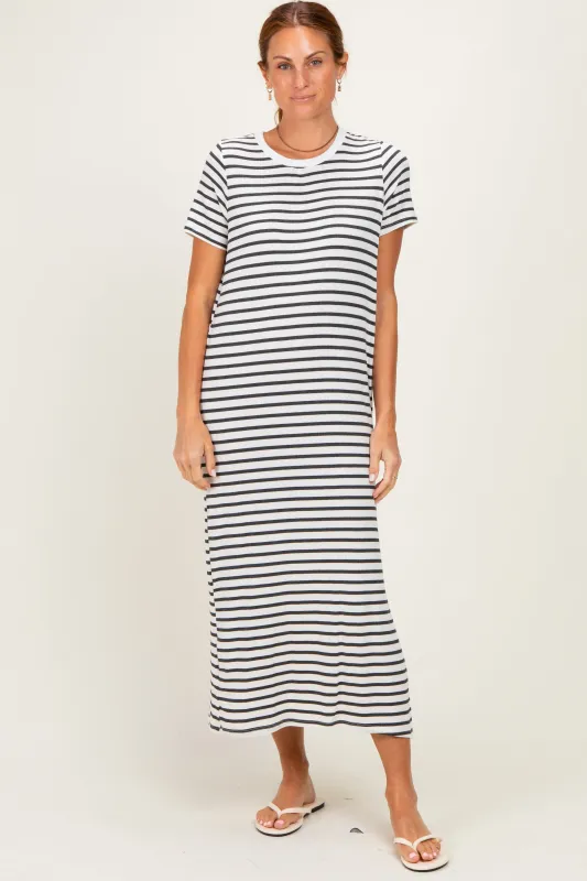 Charcoal/ Ivory Striped Short Sleeve Midi Dress made by Pinkblush