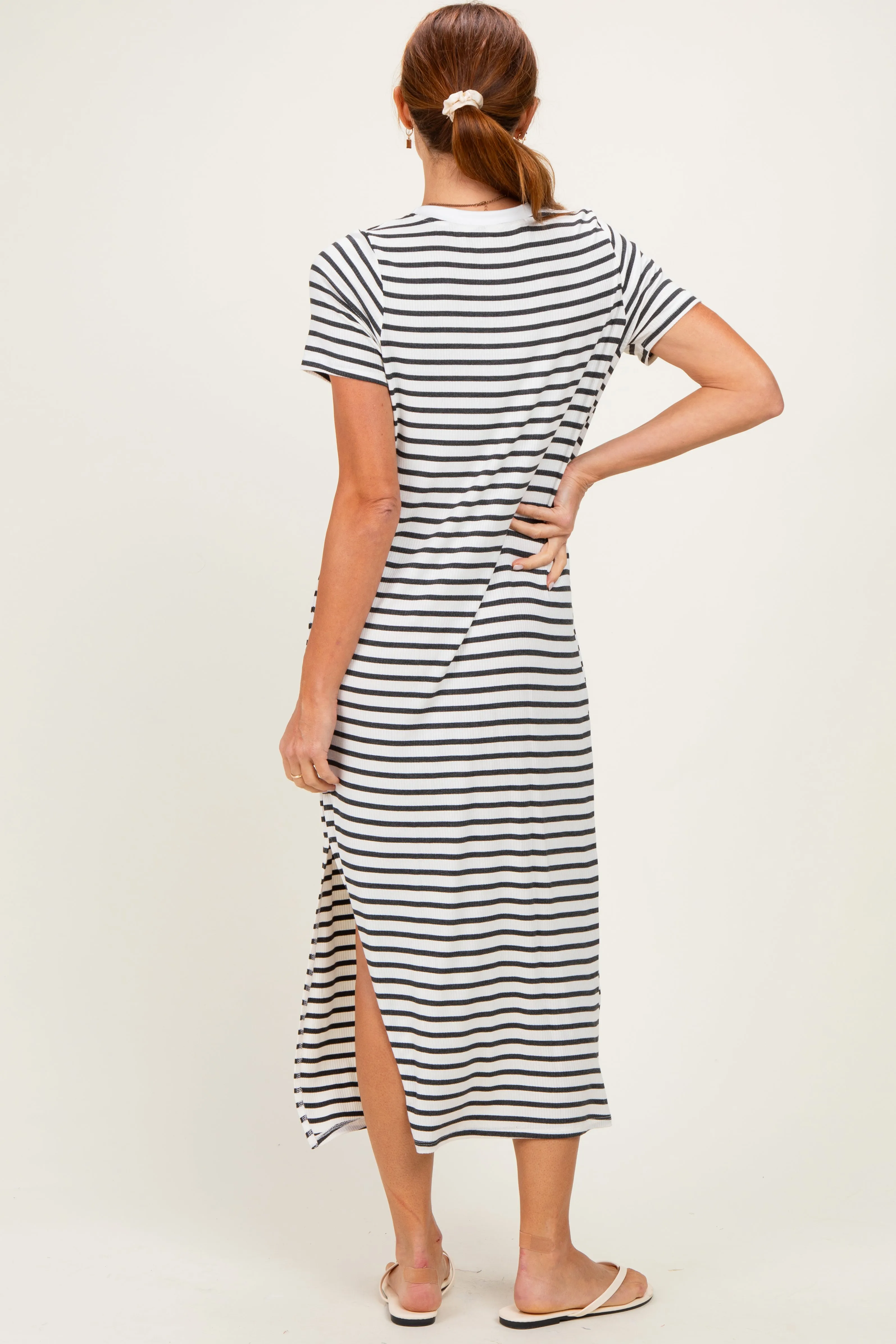 Charcoal/ Ivory Striped Short Sleeve Midi Dress sold by Pinkblush product image thumbnail 3