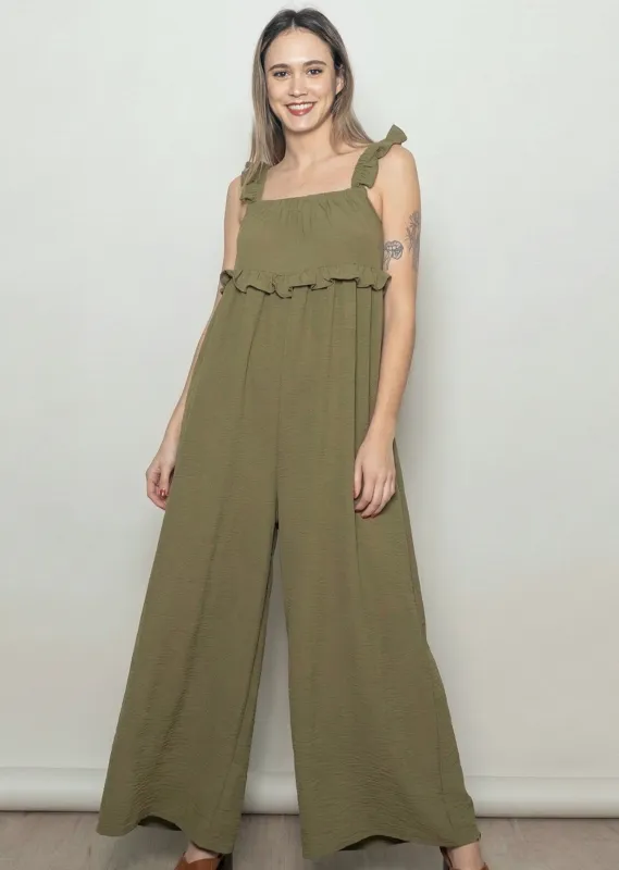 Olive Ruffle Strap Wide Leg Jumpsuit made by Pinkblush