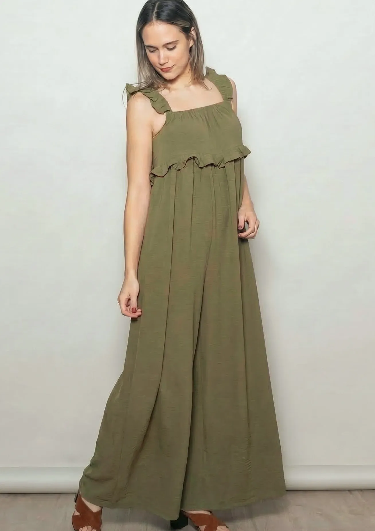 Olive Ruffle Strap Wide Leg Jumpsuit sold by Pinkblush product image thumbnail 2