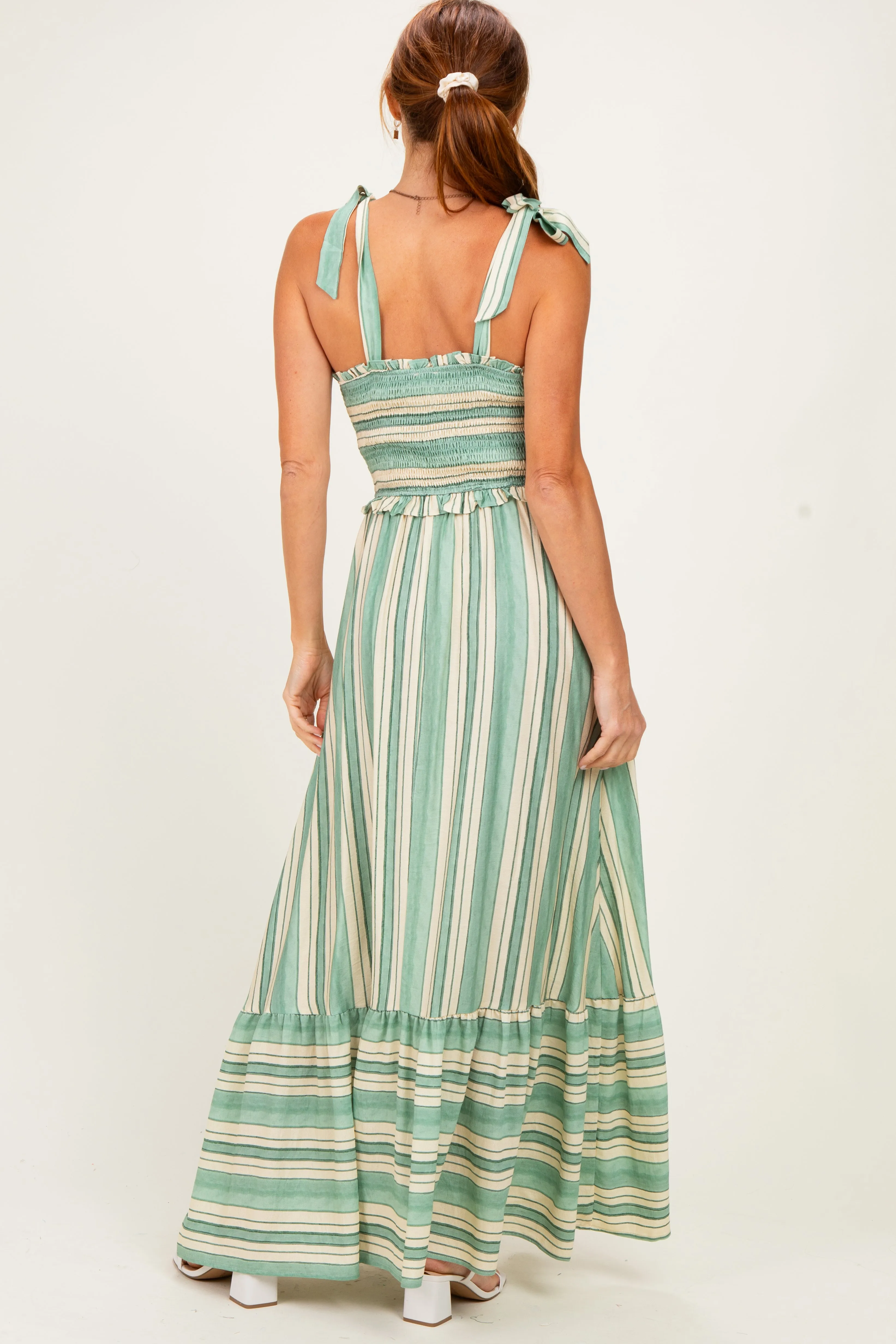 Green Striped Smocked Shoulder Tie Midi Dress sold by Pinkblush product image thumbnail 3