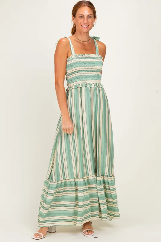 Green Striped Smocked Shoulder Tie Midi Dress made by So Me