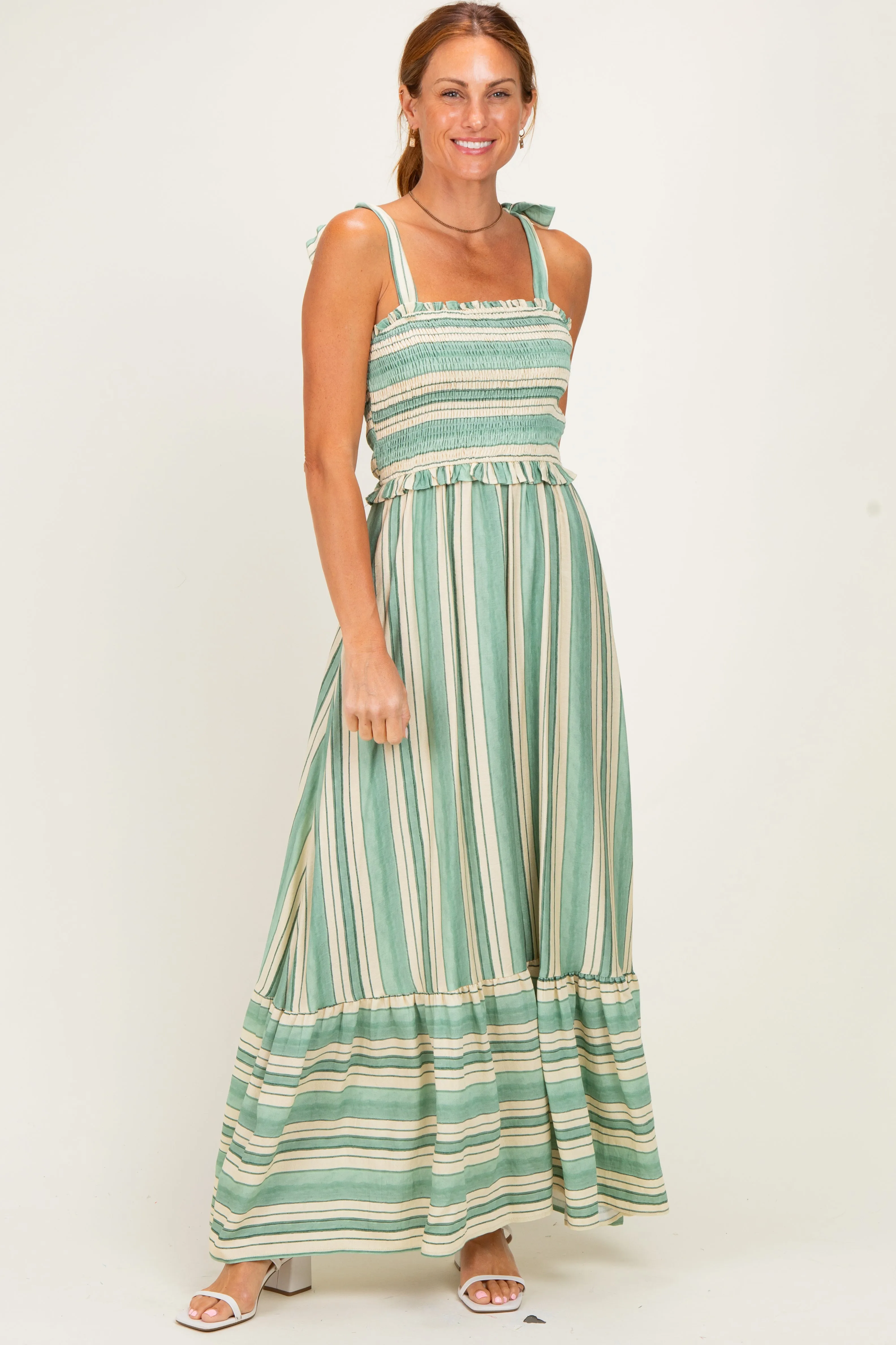 Green Striped Smocked Shoulder Tie Midi Dress sold by Pinkblush