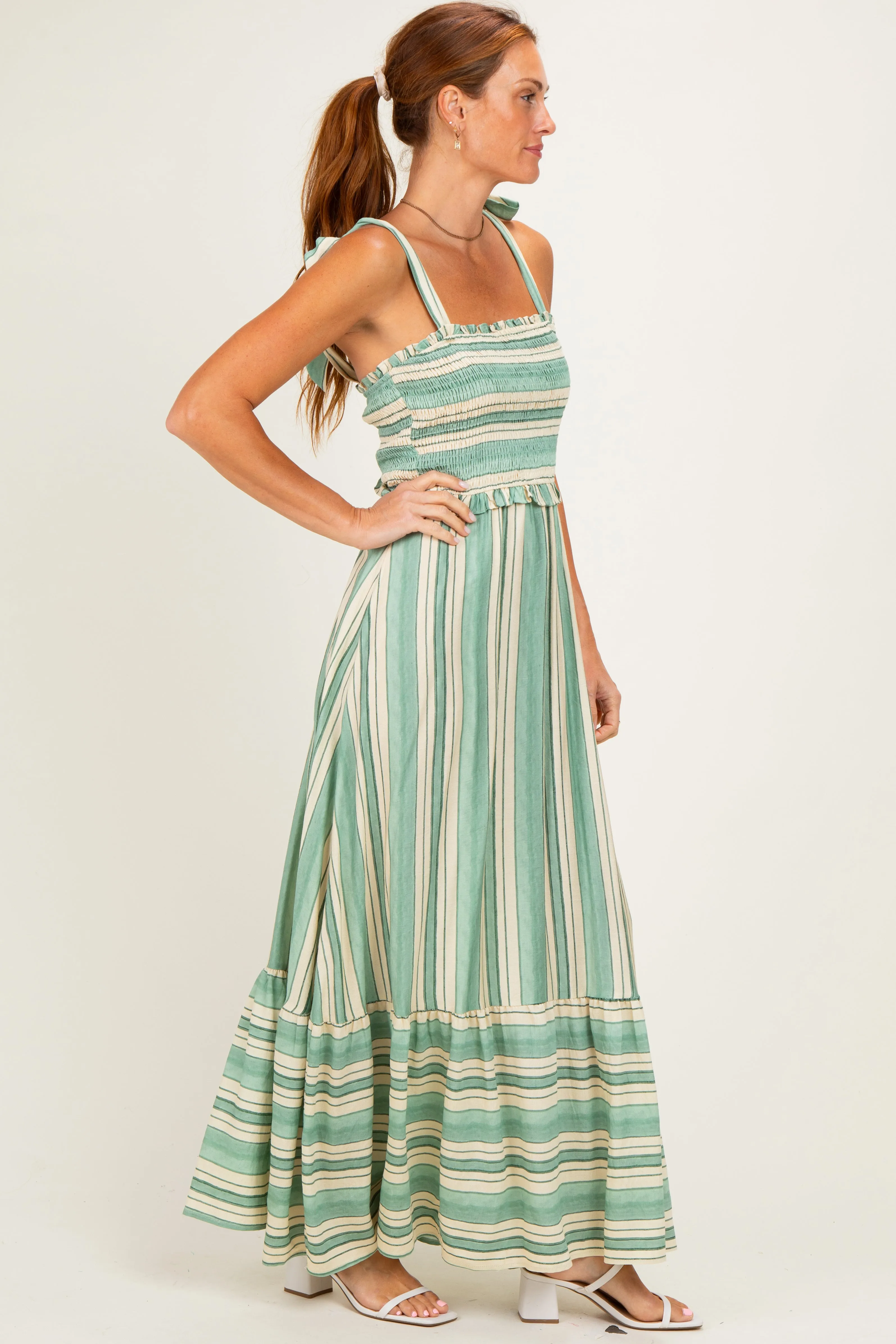 Green Striped Smocked Shoulder Tie Midi Dress sold by Pinkblush product image thumbnail 2