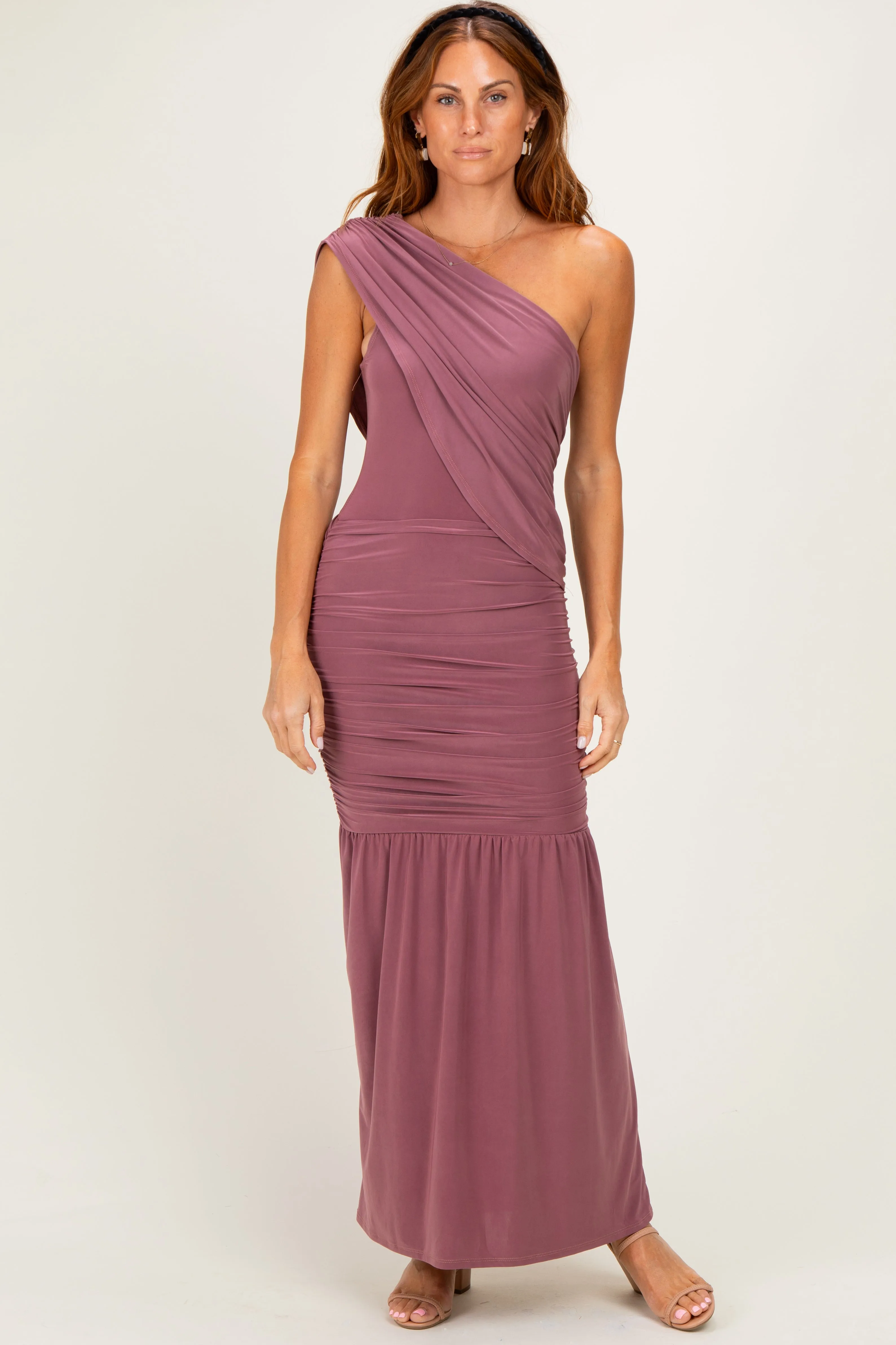 Mauve One Shoulder Ruched Maxi Dress sold by Pinkblush