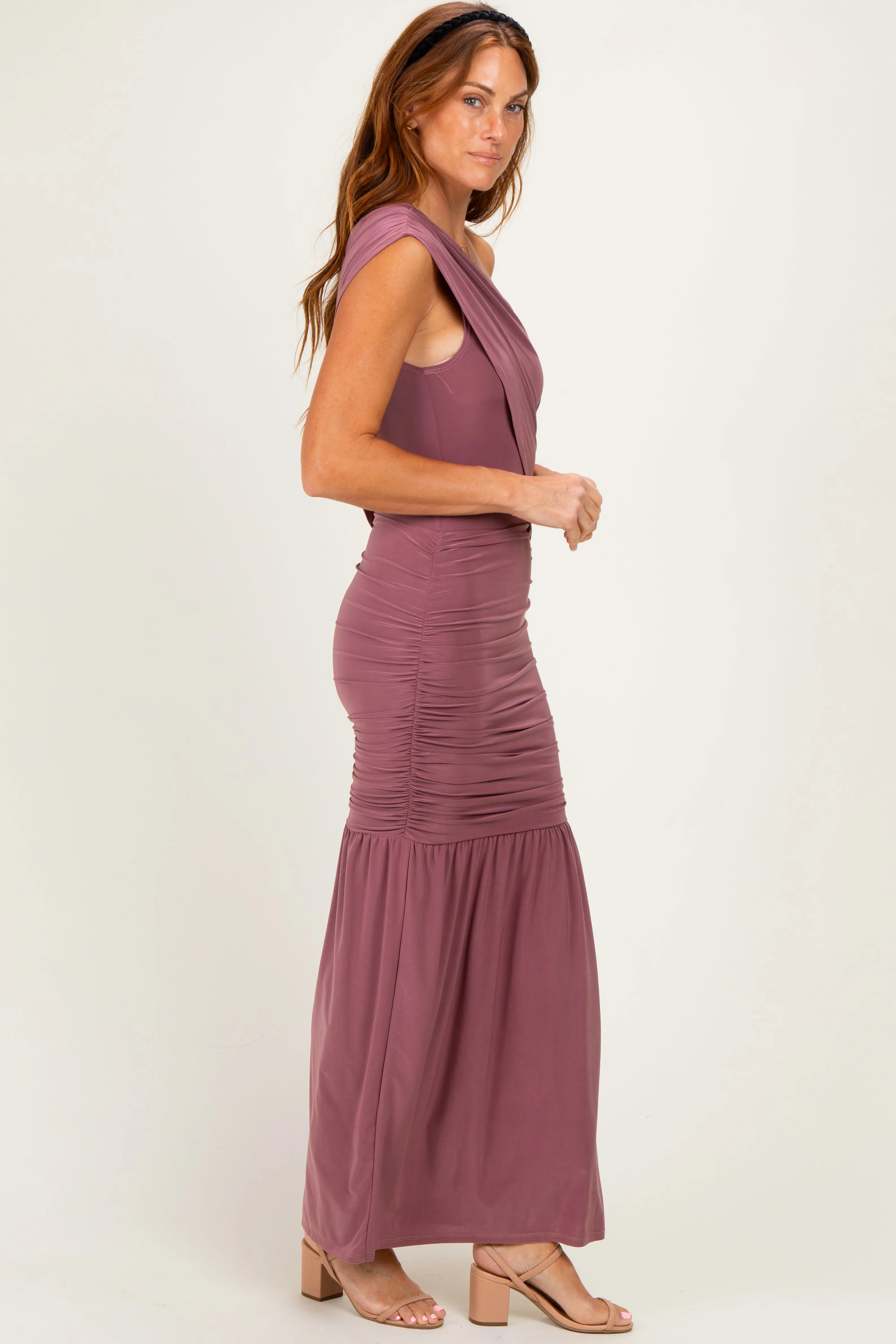 Mauve One Shoulder Ruched Maxi Dress sold by Pinkblush product image thumbnail 2