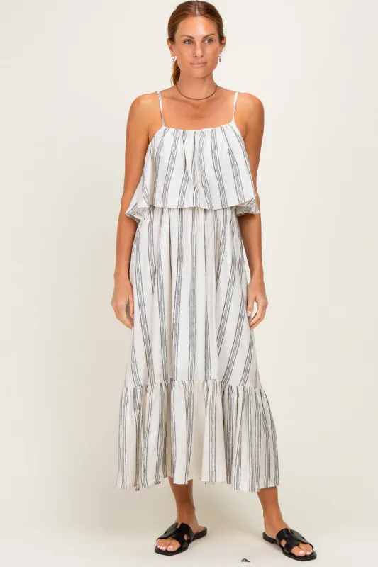 Black Striped Flounce Shoulder Tie Midi Dress made by So Me