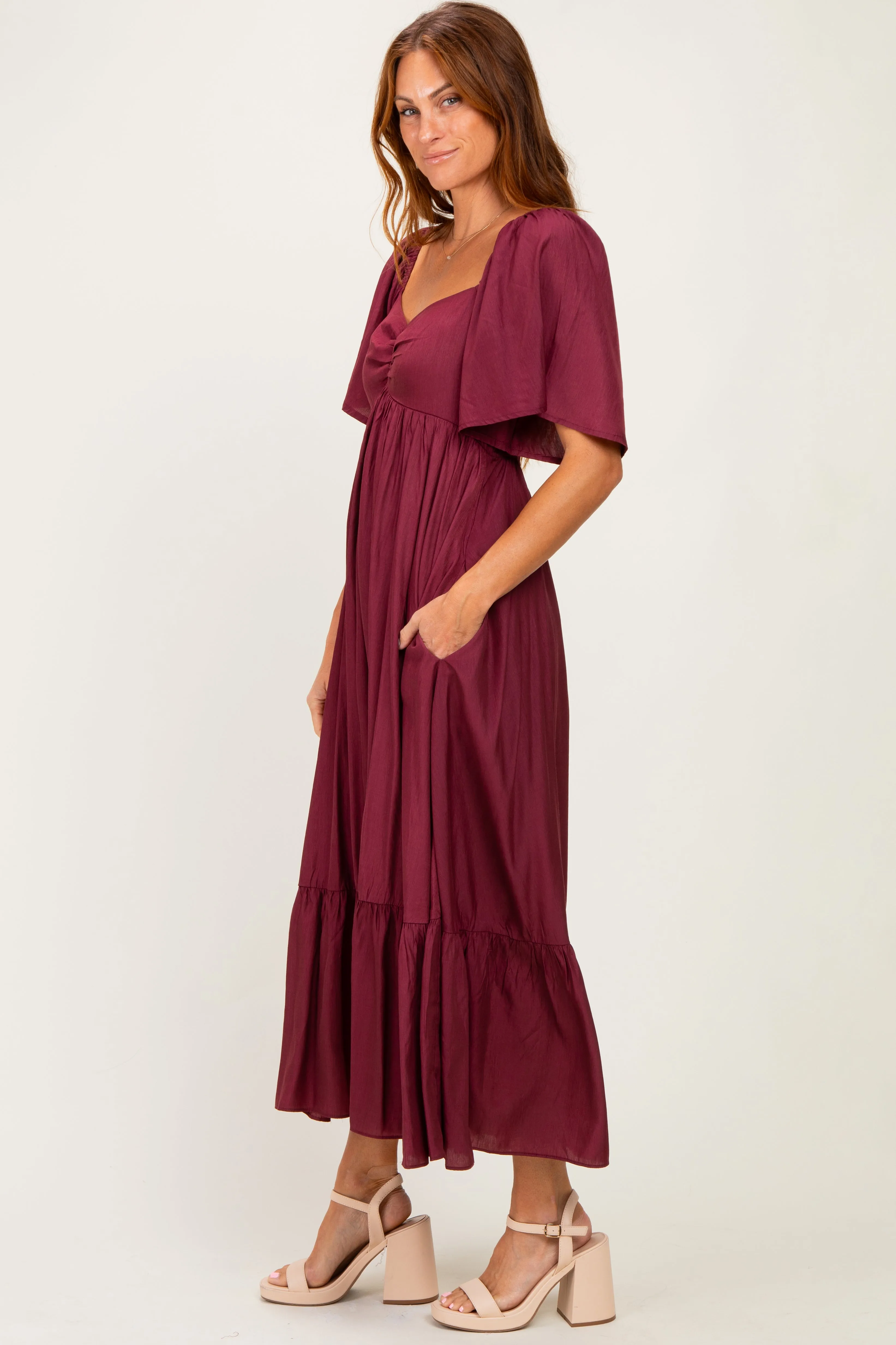 Burgundy Flutter Sleeve Ruffle Hem Midi Dress sold by Pinkblush product image thumbnail 2