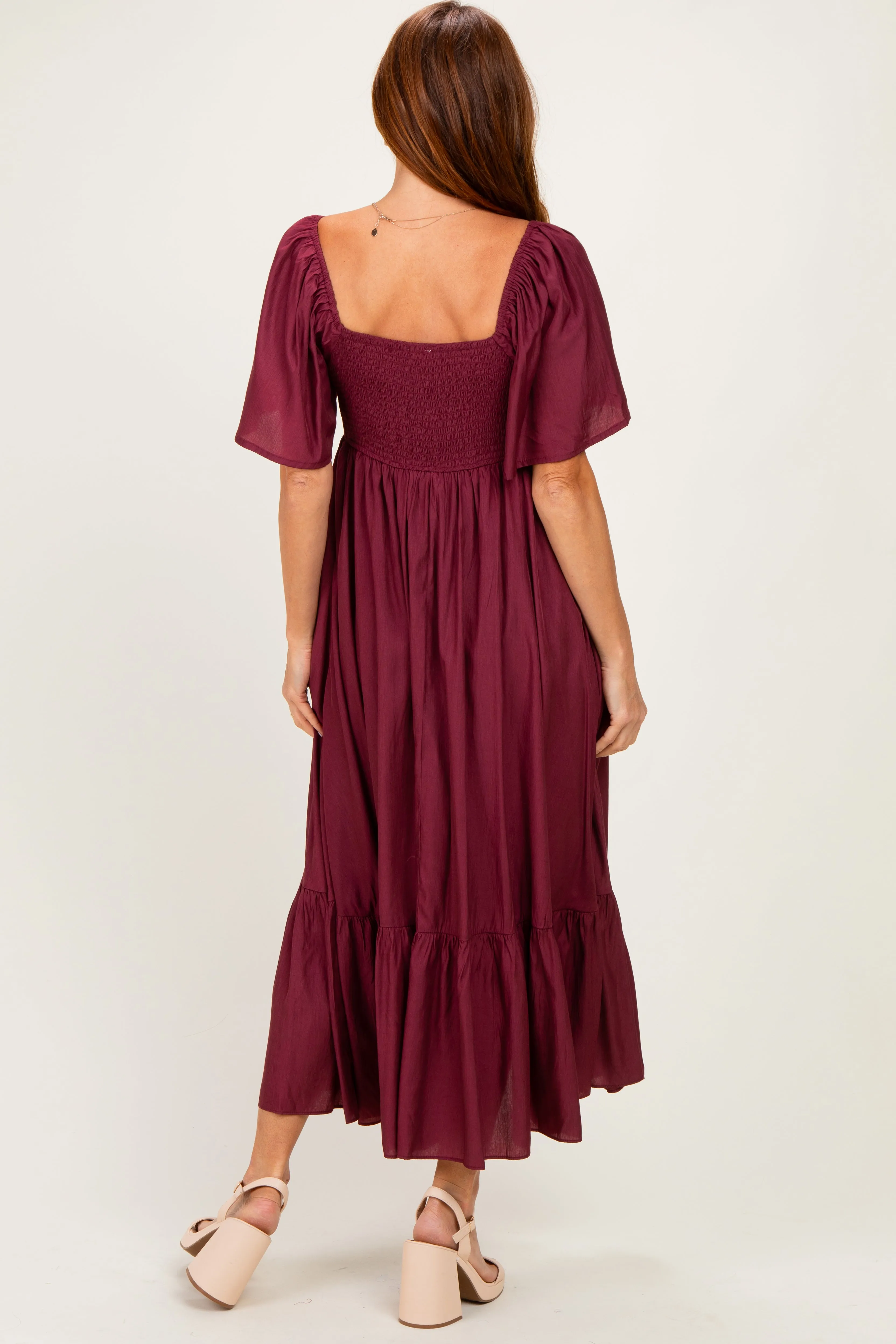 Burgundy Flutter Sleeve Ruffle Hem Midi Dress sold by Pinkblush product image thumbnail 3