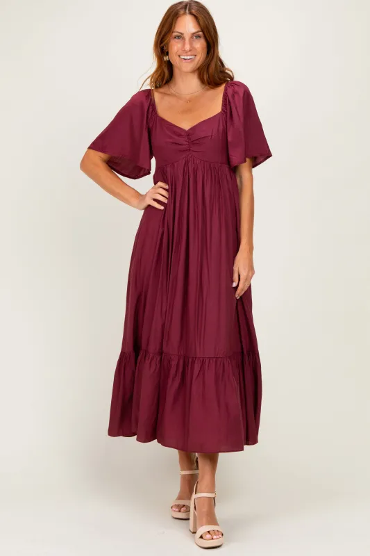 Burgundy Flutter Sleeve Ruffle Hem Midi Dress made by In February