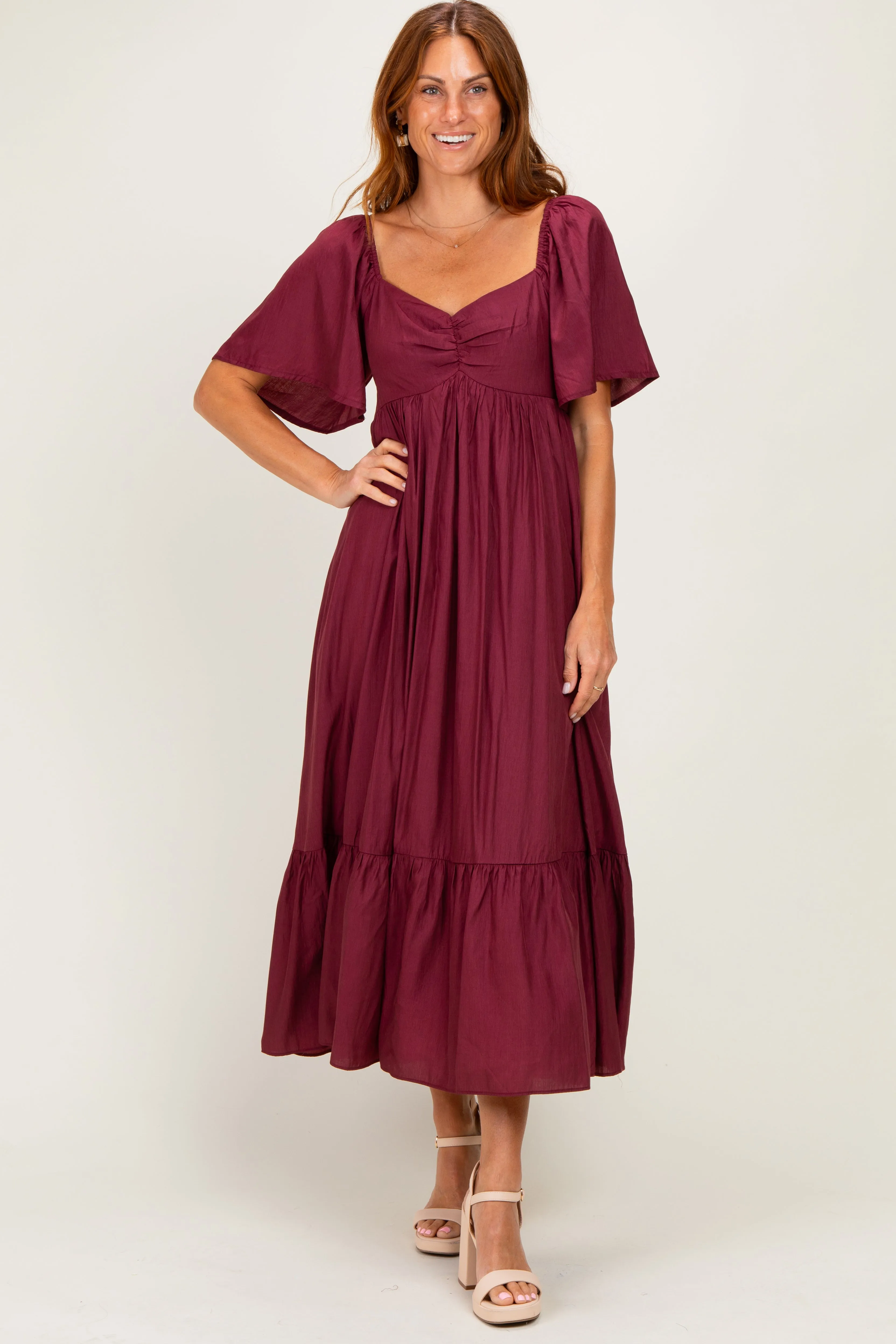 Burgundy Flutter Sleeve Ruffle Hem Midi Dress sold by Pinkblush