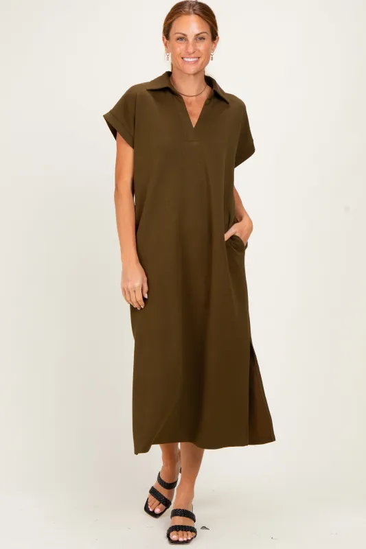 Olive Collared Short Sleeve Midi Dress made by entro
