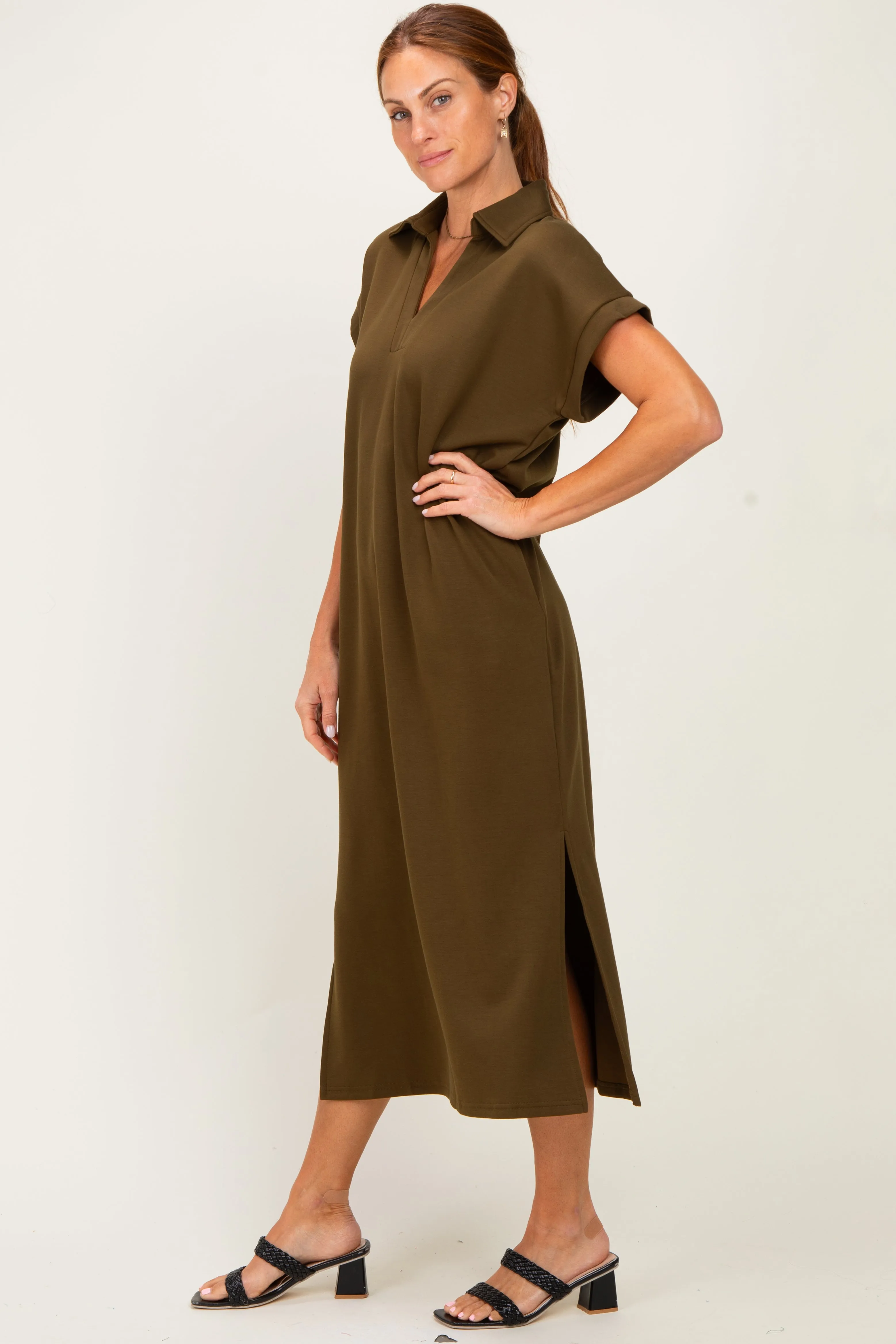 Olive Collared Short Sleeve Midi Dress sold by Pinkblush product image thumbnail 2