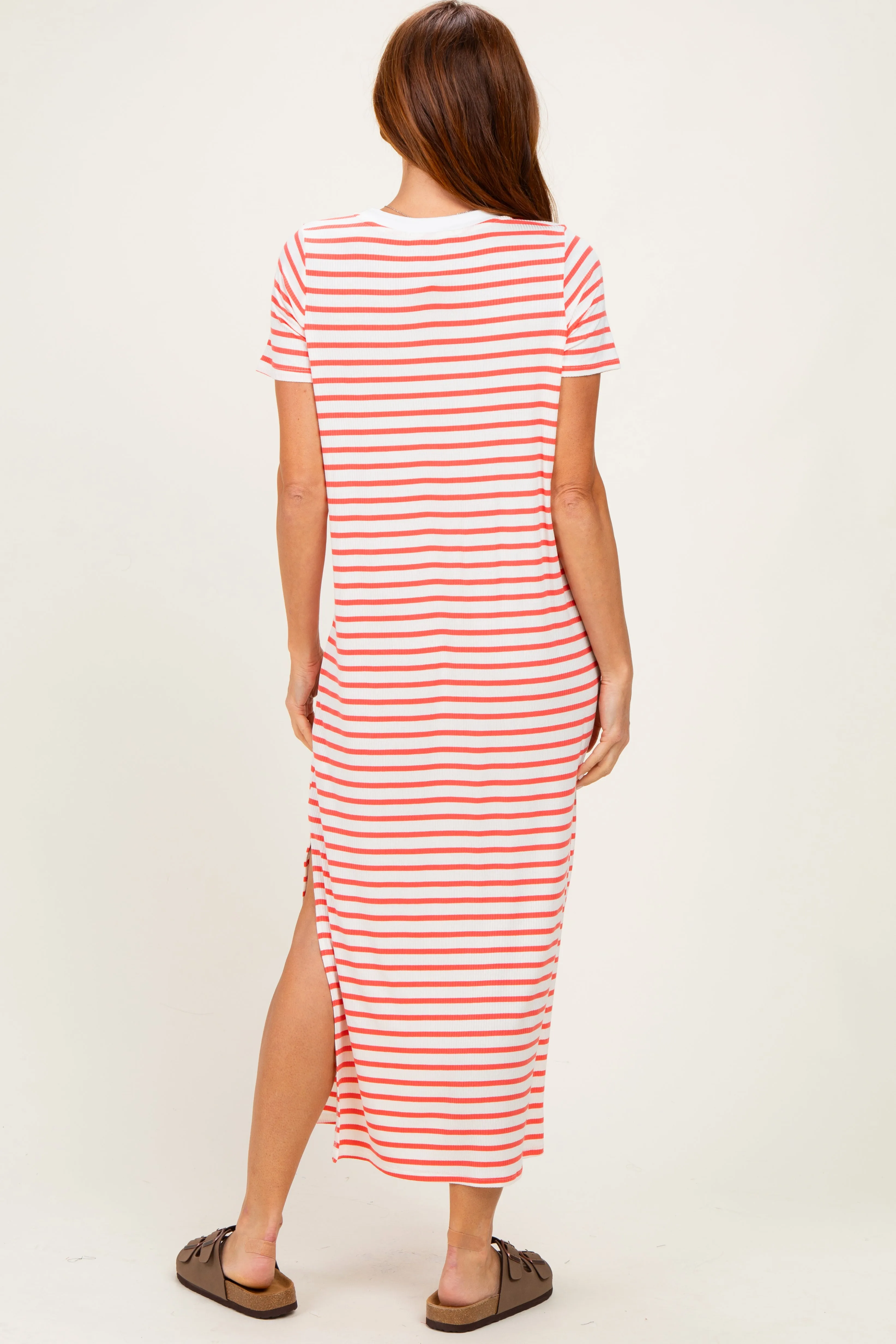Coral/ Ivory Striped Short Sleeve Midi Dress sold by Pinkblush product image thumbnail 3
