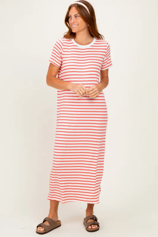 Coral/ Ivory Striped Short Sleeve Midi Dress made by Pinkblush