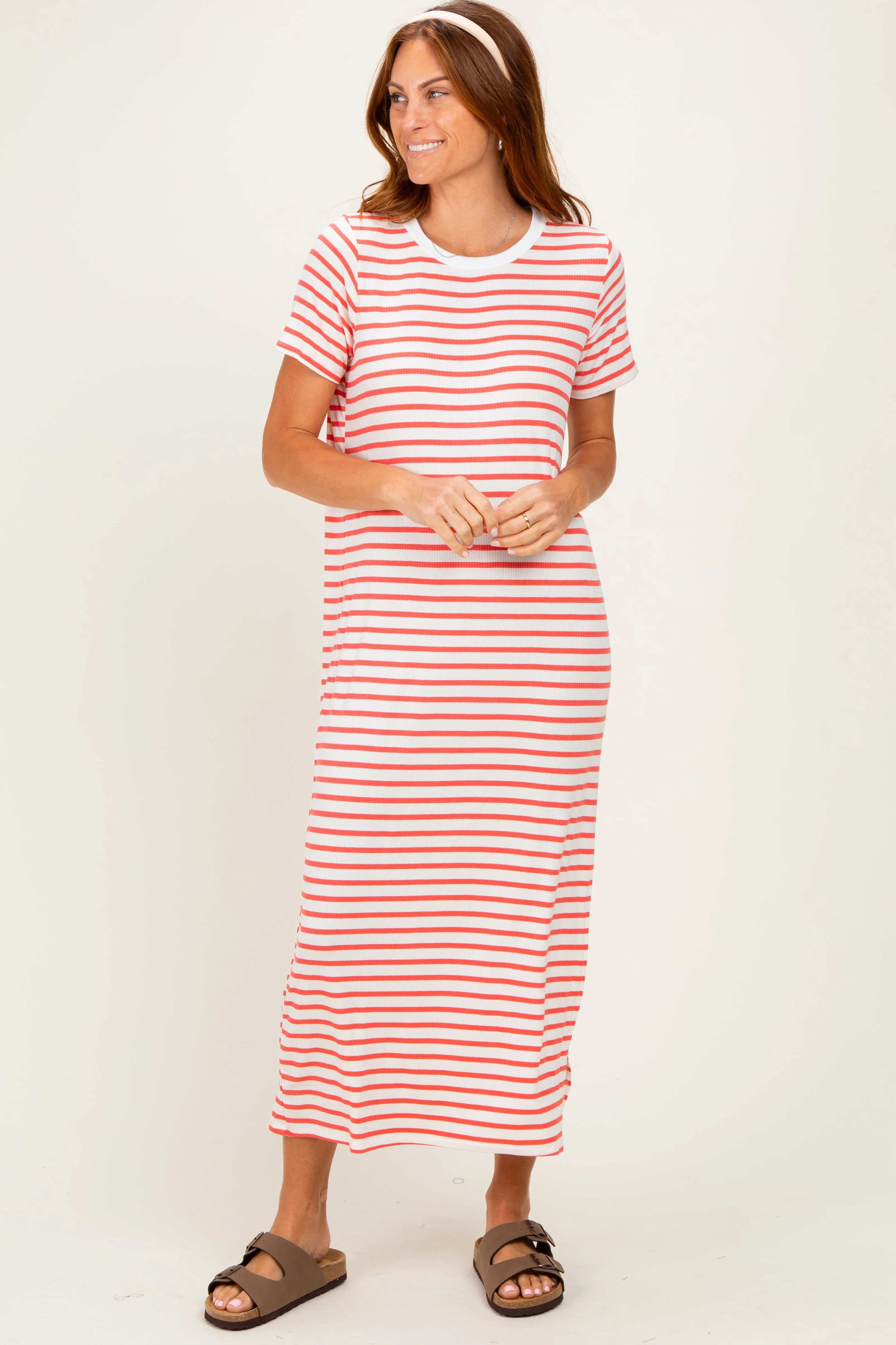 Coral/ Ivory Striped Short Sleeve Midi Dress sold by Pinkblush