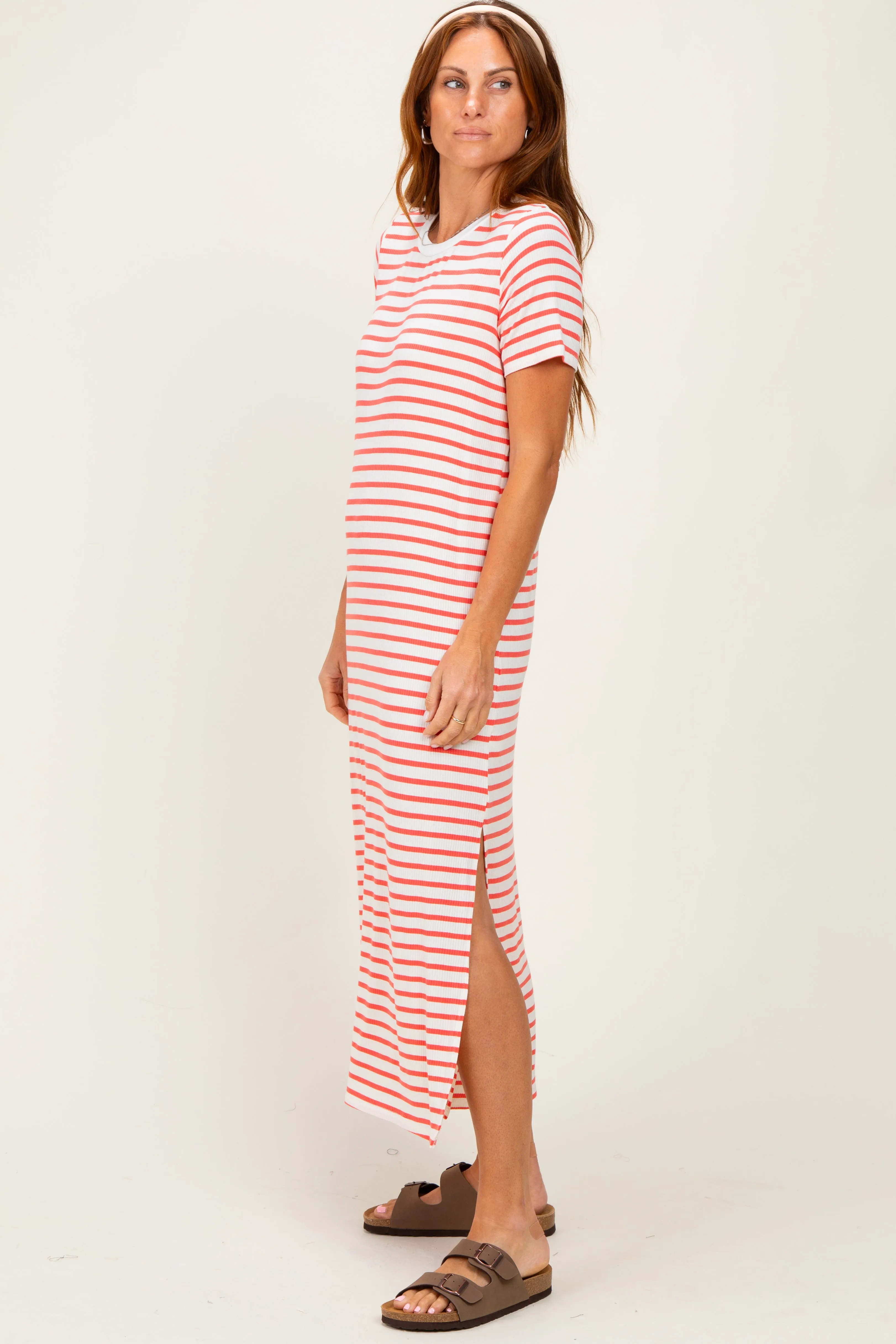 Coral/ Ivory Striped Short Sleeve Midi Dress sold by Pinkblush product image thumbnail 2
