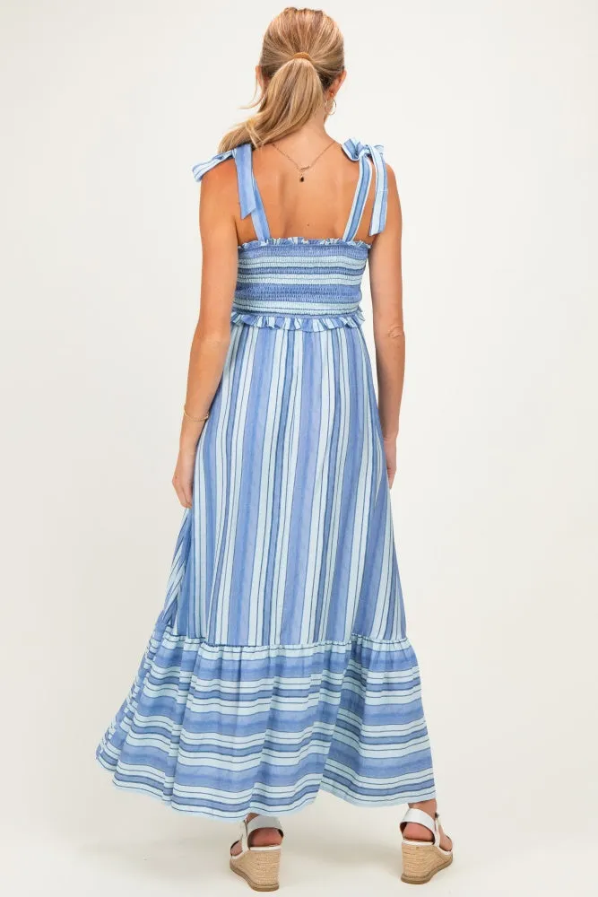 Blue Striped Smocked Shoulder Tie Maternity Midi Dress sold by Pinkblush product image thumbnail 3