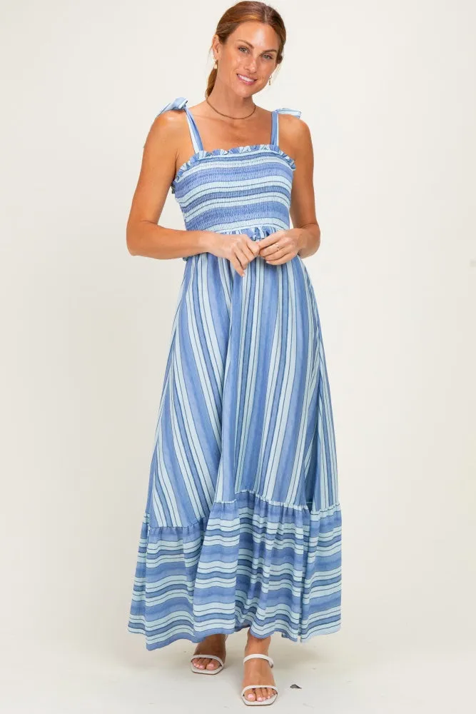 Blue Striped Smocked Shoulder Tie Maternity Midi Dress sold by Pinkblush product image thumbnail 4
