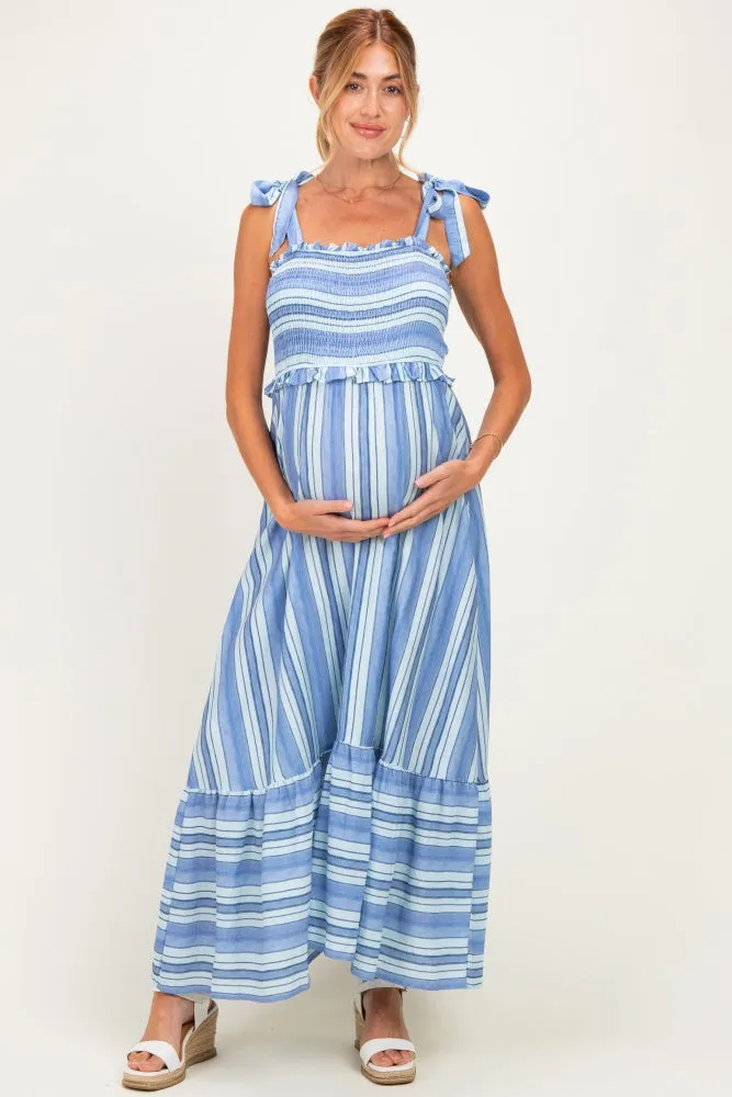 Blue Striped Smocked Shoulder Tie Maternity Midi Dress sold by Pinkblush