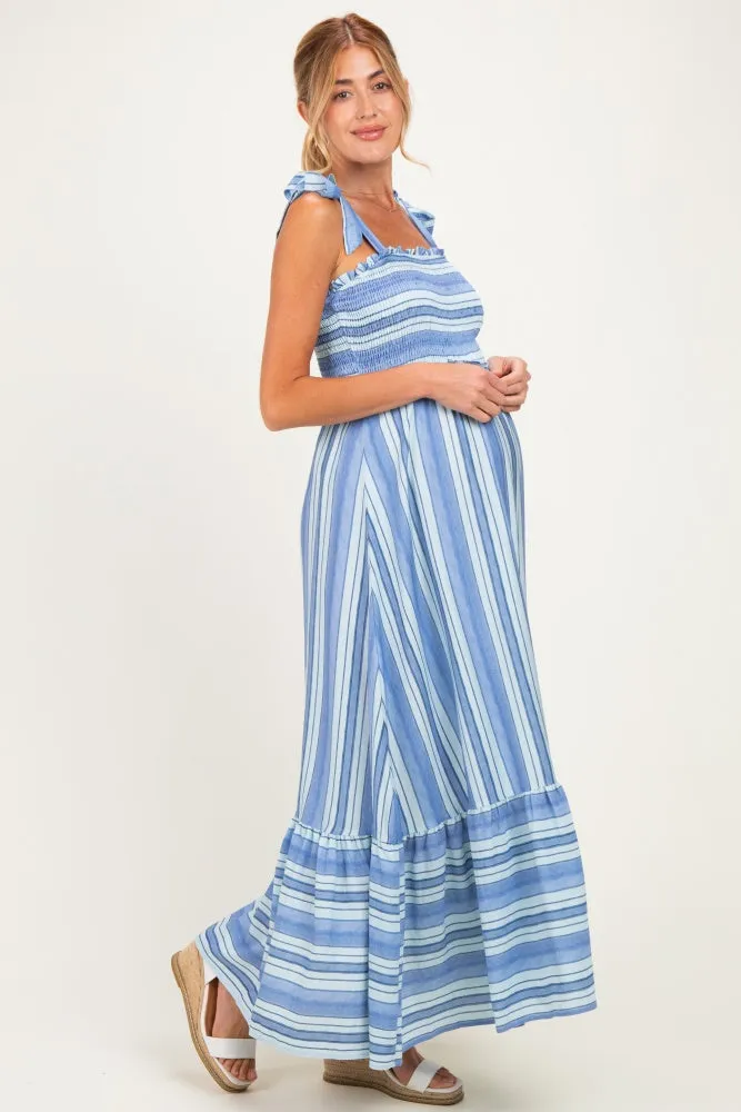 Blue Striped Smocked Shoulder Tie Maternity Midi Dress sold by Pinkblush product image thumbnail 2