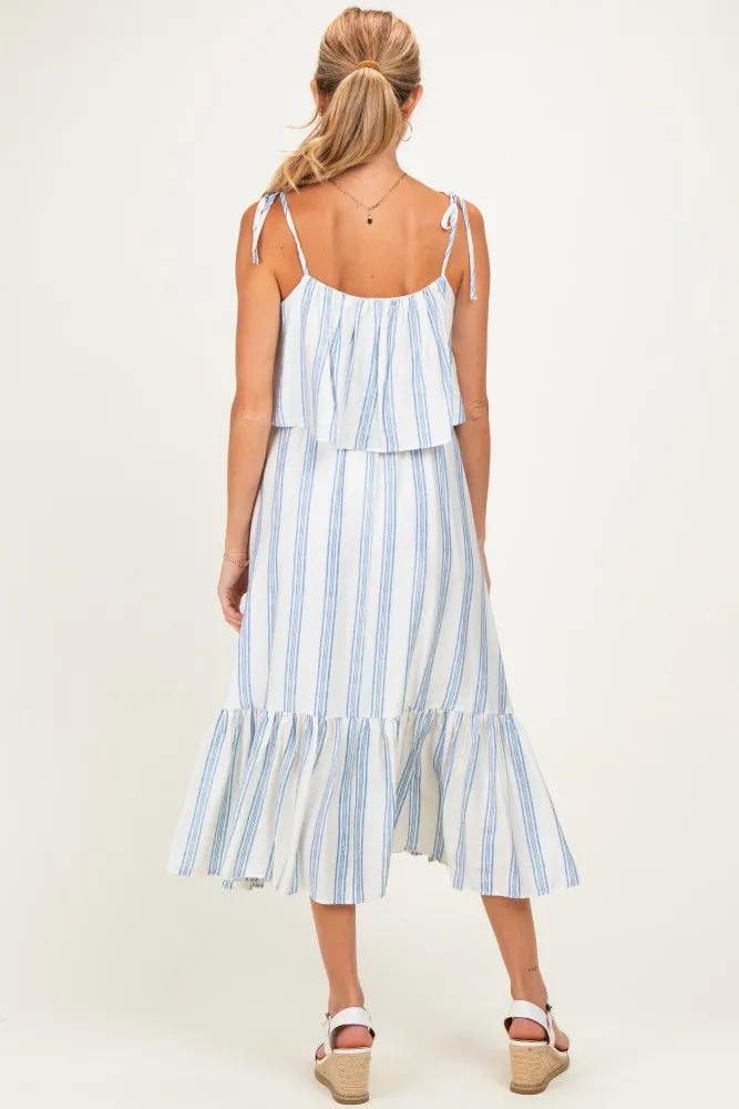 Blue Striped Flounce Shoulder Tie Maternity Midi Dress sold by Pinkblush product image thumbnail 3