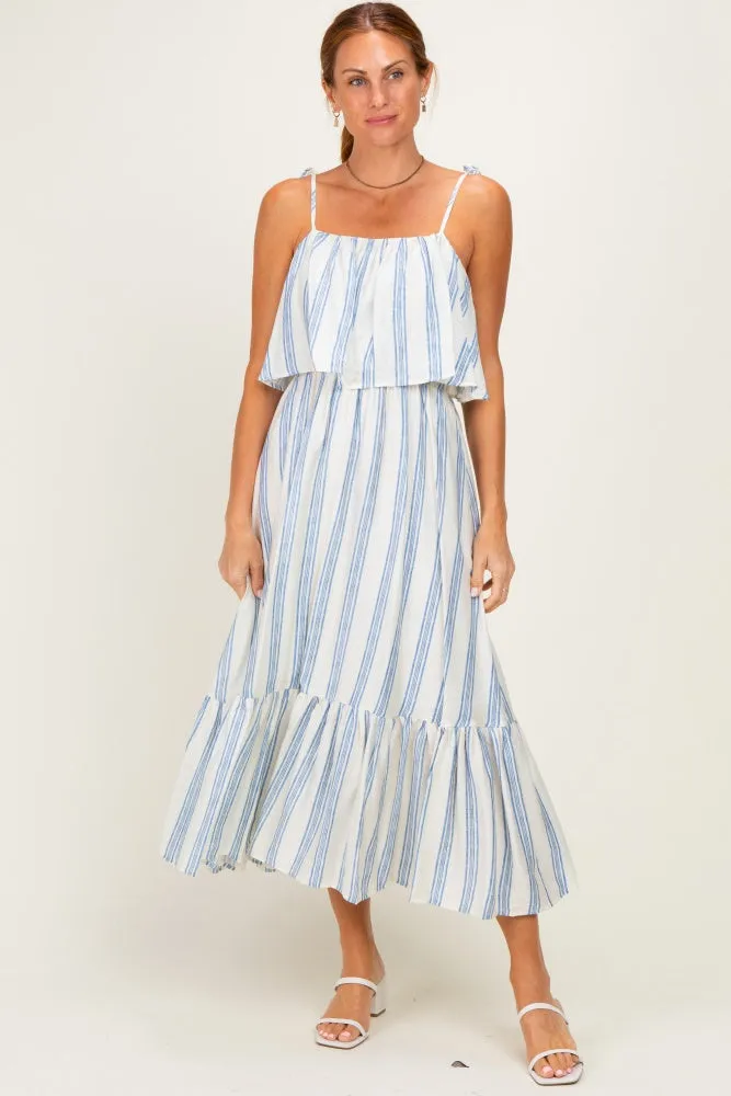 Blue Striped Flounce Shoulder Tie Maternity Midi Dress sold by Pinkblush product image thumbnail 4