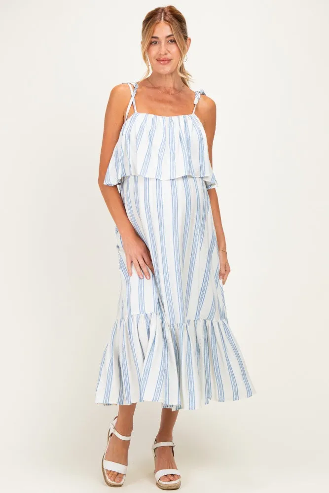 Blue Striped Flounce Shoulder Tie Maternity Midi Dress sold by Pinkblush