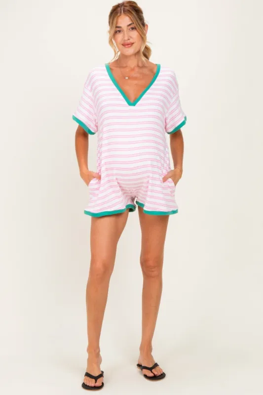 Light Pink Waffle Knit V-Neck Short Sleeve Maternity Romper made by Pinkblush