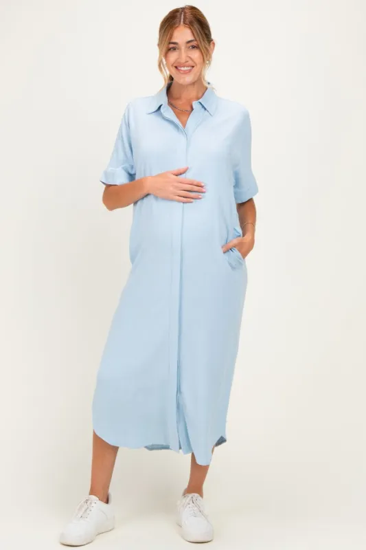 Light Blue Button Down Maternity Midi Shirt Dress made by Bluivy