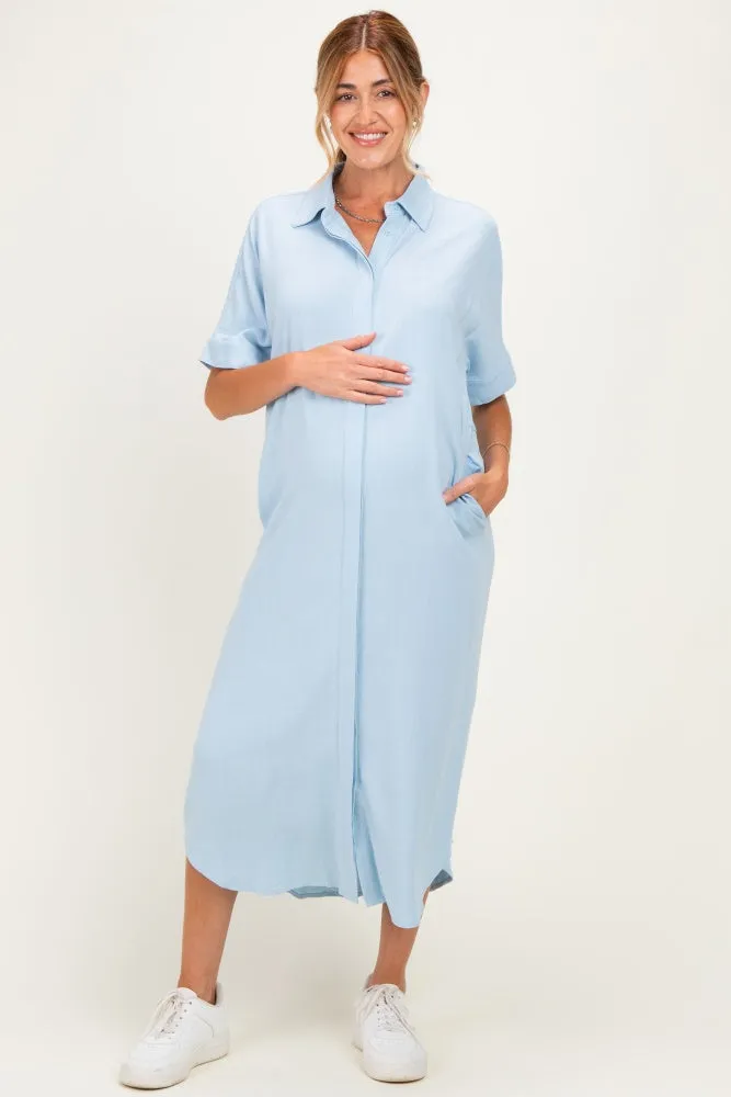 Light Blue Button Down Maternity Midi Shirt Dress sold by Pinkblush