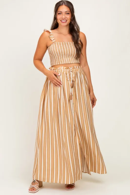 Beige Striped Smocked Crop Top Maxi Skirt Maternity Set made by So Me