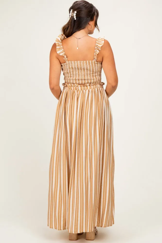 Beige Striped Smocked Crop Top Maxi Skirt Maternity Set sold by Pinkblush product image thumbnail 3
