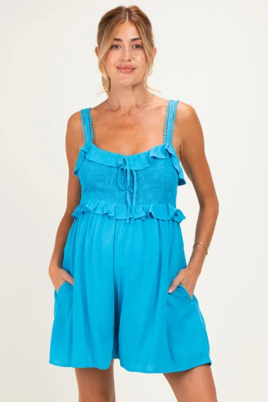 Blue Embroidered Ruffle Accent Maternity Romper made by AnnieWear