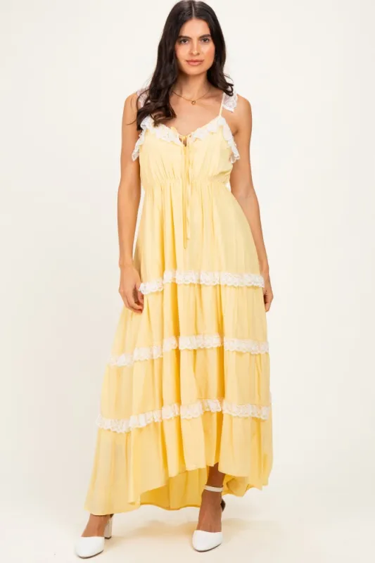 Yellow Lace Trim Tiered Maxi Dress made by Pinkblush