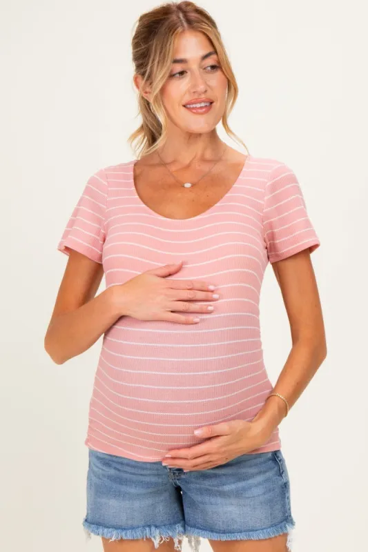 Pink Stripe Ruching Short Sleeve Maternity Top made by Pinkblush