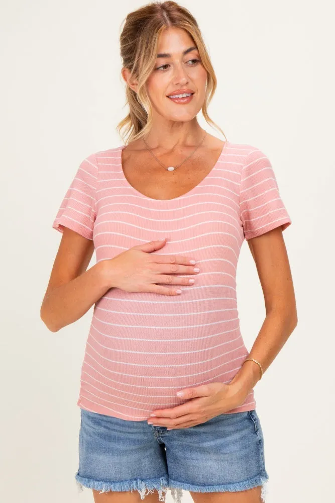 Pink Stripe Ruching Short Sleeve Maternity Top sold by Pinkblush