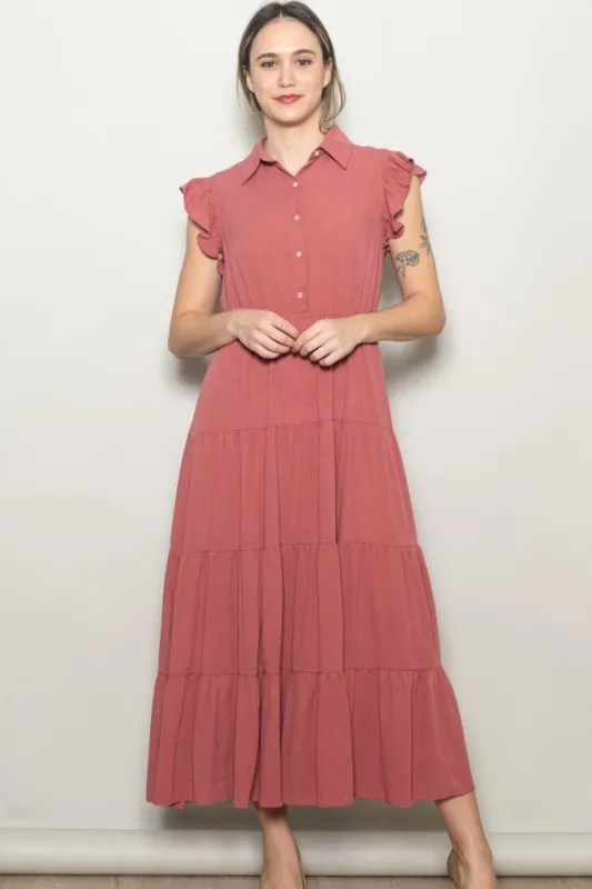 Dusty Rose Button Up Ruffle Sleeve Tiered Maxi Dress made by Pinkblush