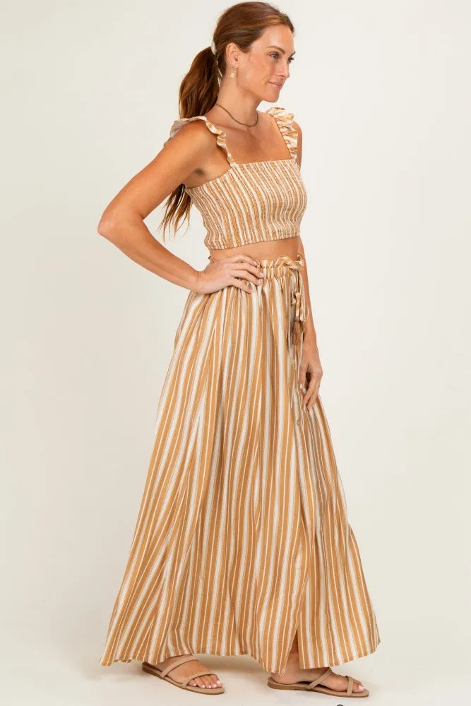 Beige Striped Smocked Crop Top Maxi Skirt Set sold by Pinkblush product image thumbnail 2
