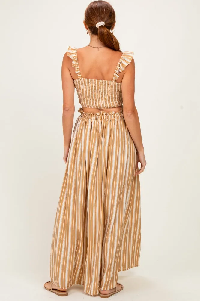 Beige Striped Smocked Crop Top Maxi Skirt Set sold by Pinkblush product image thumbnail 3