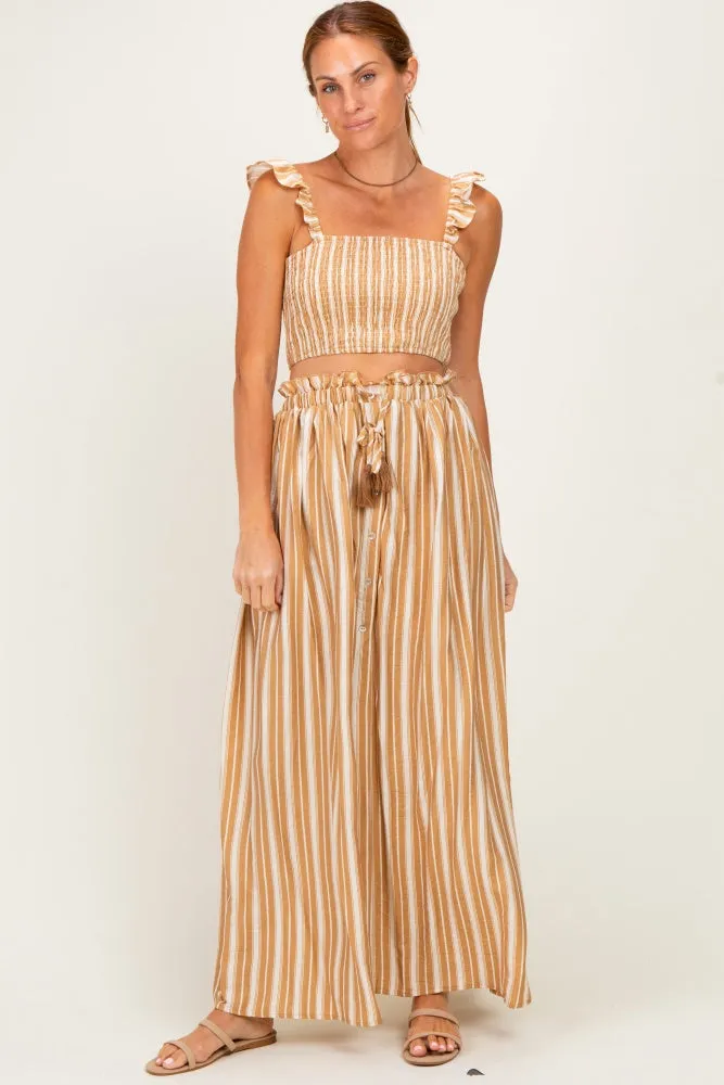 Beige Striped Smocked Crop Top Maxi Skirt Set sold by Pinkblush