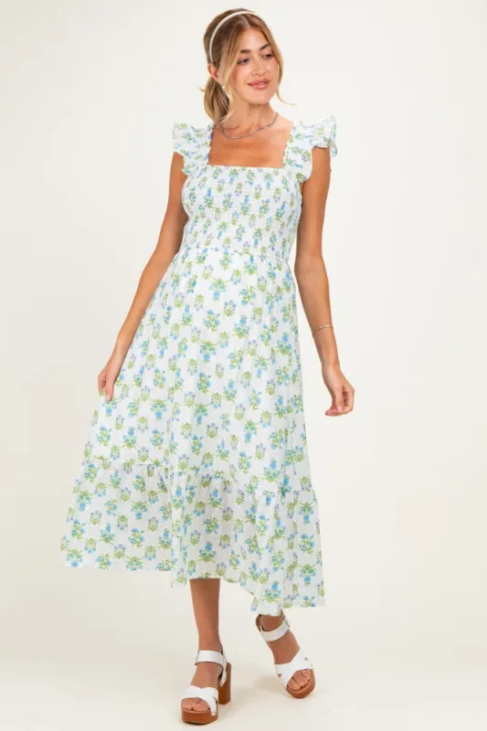 Blue Floral Smocked Sleeveless Maternity Midi Dress made by Blu Pepper