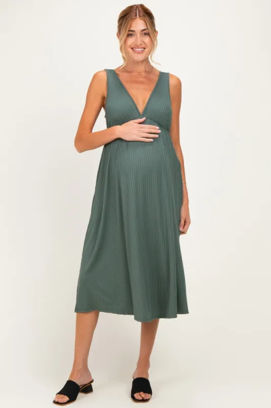 Olive Sleeveless Ribbed Knit A-Line Maternity Midi Dress made by Pinkblush