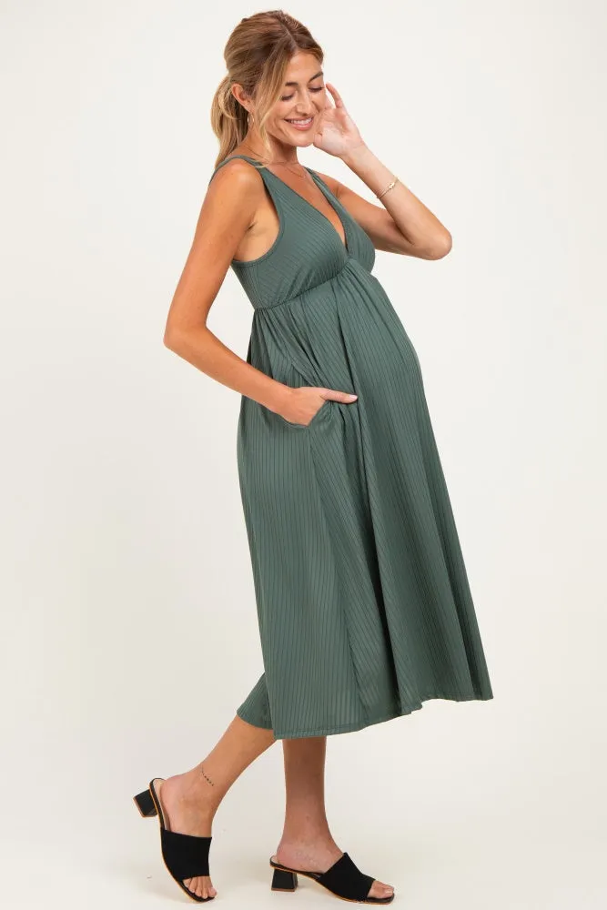 Olive Sleeveless Ribbed Knit A-Line Maternity Midi Dress sold by Pinkblush product image thumbnail 2