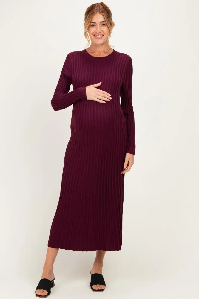 Burgundy Ribbed Long Sleeve Maternity Sweater Midi Dress sold by Pinkblush